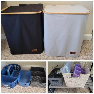 (2) Laundry Hampers & Assorted Closet and Bathroom Organizers/Baskets