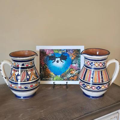 Signed Painting (10" x 8") & (2) Handpainted Pottery Pitchers