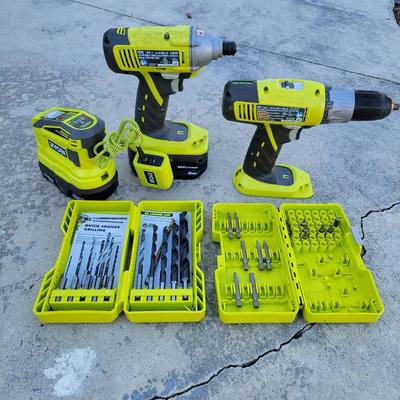 (2) Ryobi 18V Power Tools: P234G Drill & P271 Drill w/2 Batteries & Charger