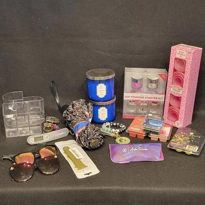 Assorted Ladies Vanity Accessories: Umbrella, Curlers, Sunglasses, Nail Polish, Candles, Etc
