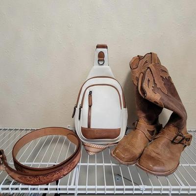 Women's Leather size 9 Boots, Leather Belt, Crossbody Bag