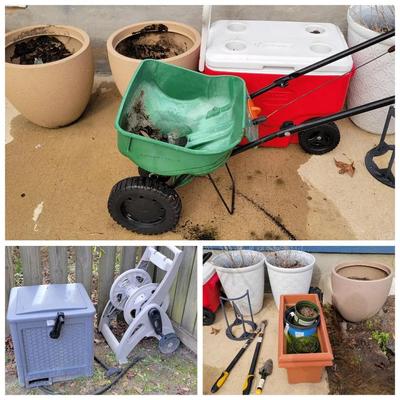 Assorted Flower Pots, Hose Reels, Etc