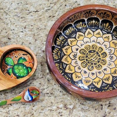 (2) Hand-carved, Hand-painted and Lacquered Mexican Folk Art Wooden Bowls