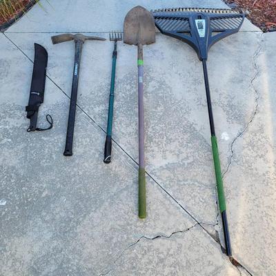 (4) Long Handle Tools & Gerber Machette