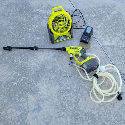 (2) Ryobi 18V Power Tools: EZClean & 3-Speed Fan w/Battery & Charger