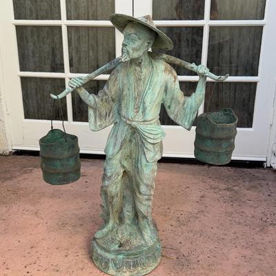 Aged Patina Metal Asian Figure Statue | Verdigris Finish Garden or Decorative Sculpture