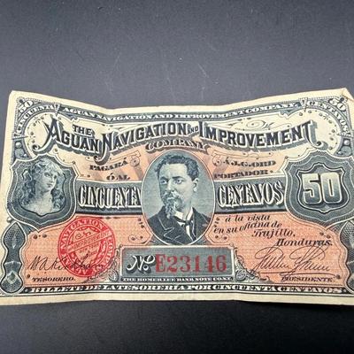 1886 Honduras Obsolete Banknote | 50 Centavos Aguan Navigation & Improvement Co.