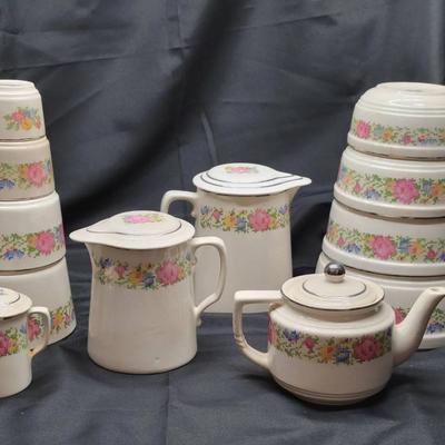 Vintage HOTOVEN Floral Ceramic Kitchenware | Teapot, Pitchers & Nesting Bowls