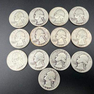 1936–1948 Washington Quarters | 13 Silver Coins | Mixed Dates