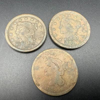 Early U.S. Large Cents | 1842, 1848 & 1849 | Braided Hair Type | 3 Coins