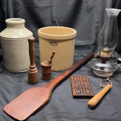 Crocks & Primitive Décor Lot | Stoneware, Oil Lamp, Wooden Paddle & Rustic Accents