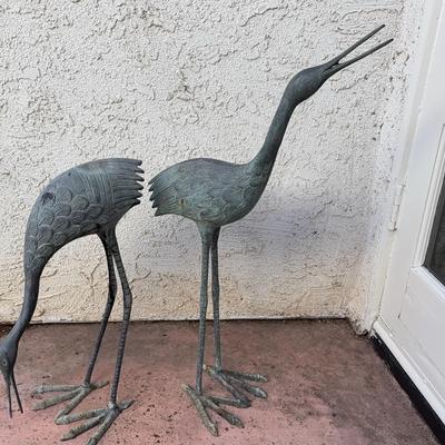 Pair of Metal Bird Garden Sculptures | Crane/Heron Style Outdoor Décor Figures