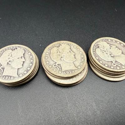 15 Silver Barber Quarters | 1894–1916 | Circulated Collector Lot | 90% Silver