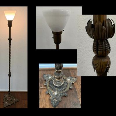 Antique Brass Floor Lamp | Ornate Cast Base & Twisted Column with Uplight Shade