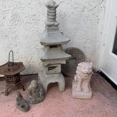 Asian Garden Décor Lot | Concrete Pagoda Lantern, Buddha Figure & Decorative Accents