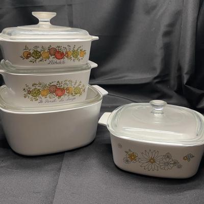 CorningWare Lidded Casserole Dishes | Vintage Floral & Fruit Patterns | Set of 4