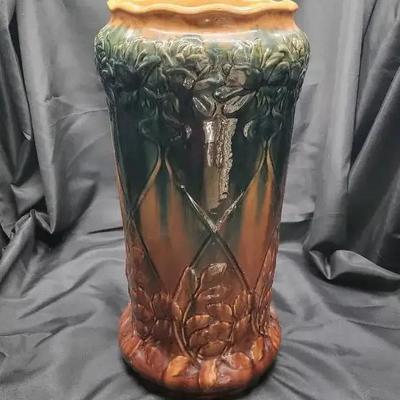 Umbrella Stand – Tall Art Pottery Holder with Raised Leaf Motif & Drip Glaze