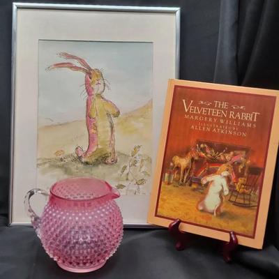 Beatrix Potter–Style Rabbit Art & The Velveteen Rabbit Book with Pink Hobnail Glass Pitcher