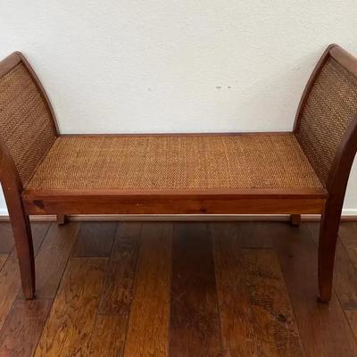 Pier 1 Imports Wood Bench with Woven Cane Seat | Sloped Arm Design Entryway or Accent Bench