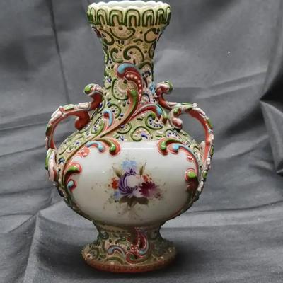 Chinese-Style Porcelain Vase | Raised Enamel Scrollwork & Hand-Painted Floral Medallion