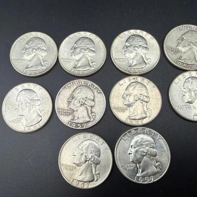 1957 Washington Quarters | 10 Silver Coins | Mixed Circulation Lot