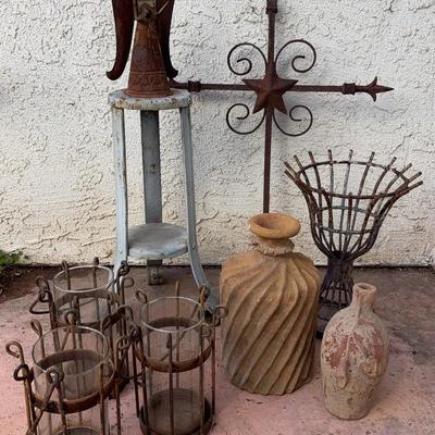 Chippy Garden Décor Lot | Rustic Metal Lanterns, Finial, Cross & Decorative Vessels