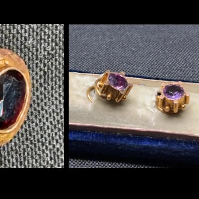 Antique-Style Gold Tone Mounted Stones | Purple Stone Earrings & Red Stone Oval Mount