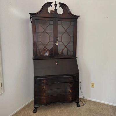 Secretary Desk with Glass Upper Cabinet | Traditional Drop-Front Writing Desk