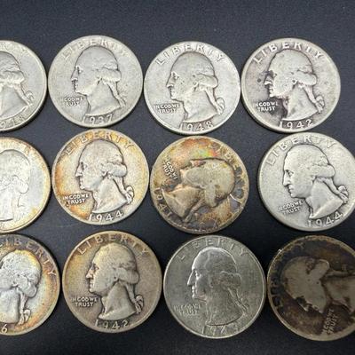 1937–1949 Washington Quarters | 12 Silver Coins | Mixed Dates