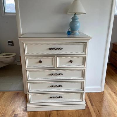 White Dresser With Vintage Blue Lamp 