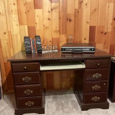 Wooden Desk With Vintage Books, Collectible Ceramics and More