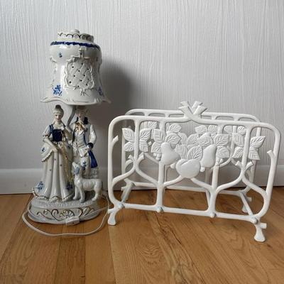 Vintage Victorian Style Lamp & White Vintage Magazine Rack