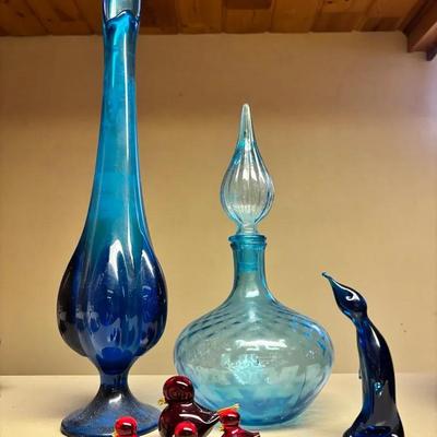 Art Glass Lot - Hand Blown Penguin, Mama Bird & 3 Chicks, Vintage Viking Bluenique Vase, 