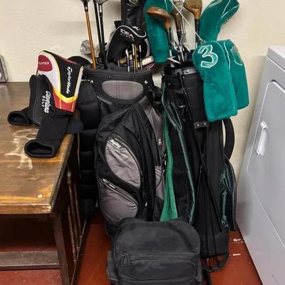 2 Golf Bags w/ Various Clubs: Taylormade, Cleveland, Ben Hogan, Yonex, Etc. & Bowling Bag w/ Ball