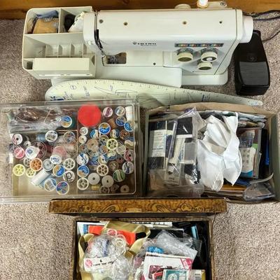 Husqvarna Viking Sewing Machine w/ Foot Pedal & Sewing Notions & Flemish Art Co Carved Wood Box 