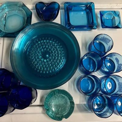 24 Pcs Blue & Teal Glassware - 7 Glasses w/ Embossed Leaves, Capri Hobnail Plates By Hazel-Atlas…