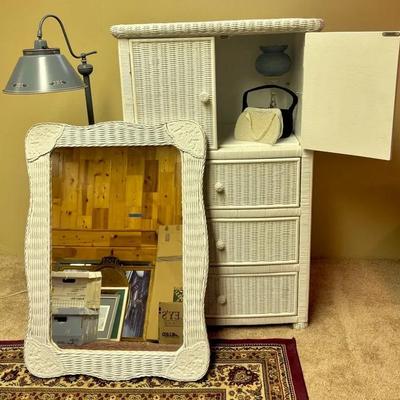 Cute Cottagecore Decor Lot! Floor Lamp, White Wicker Mirror & Dresser, 3 Vintage Purses, Art Glass