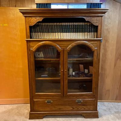 Wooden Cabinet Hutch with Encyclopedia Set and  WWII Collectibles 