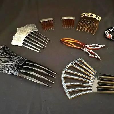 8 VTG Hair Combs - Philippines Silver, Ornate Black, Fan w/ Blue Stones, Art Deco, Kanzashi 