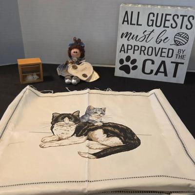 Cat Decor & Miniatures - VTG Kitten Decor Fabric, Mini Cat Lover Button Dollie, Wooden Guest Sign