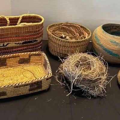 5 Native American Coiled Natural Fiber Woven Baskets - Totes, Carrying Bags, Lidded, Designs