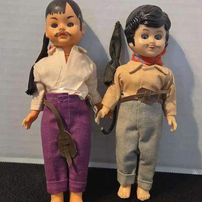 (2) Vintage Collectable Dolls - Mustache Boys with Umbrellas & Knife Sheaths