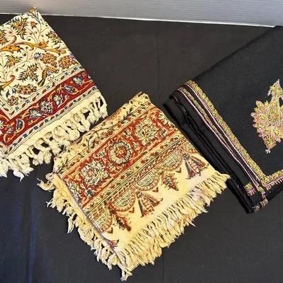 3 Beautiful Square VTG Scarves Shawls - Tan, Black & Red Floral & Leaves, 1 From Iran