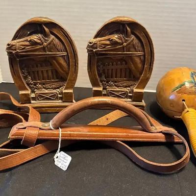 Vintage Western Decor - Horse Head Bookends, Leather Blanket Roll Wrap, Maraca With Cowboy