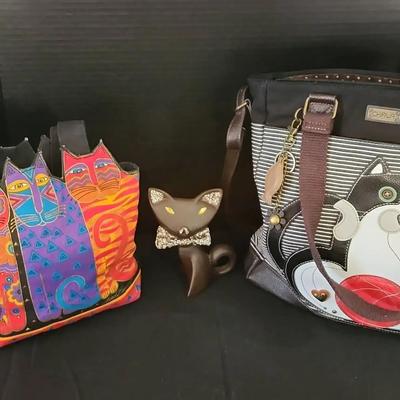 Cat Lover's - 2 Kitten Print Design Handbags Totes & Black Ceramic Clay Modern Figurine Cat