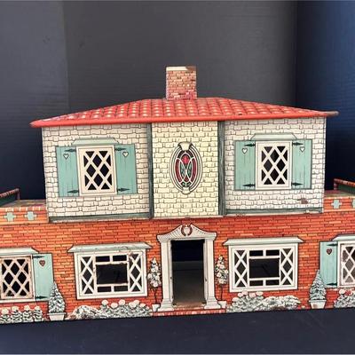 Vintage T. Kohn 1950s Tin Litho 2-Story Dollhouse - Mid Century, Brick Accents & Tile Roof
