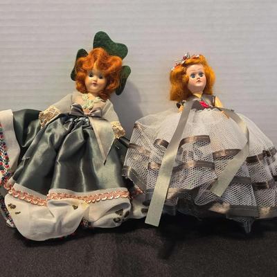 (2) Vintage Collectable Dolls - Open-Close Eyes, Green Dresses, Elaborate Gowns - 1950s