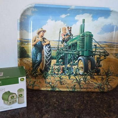 John Deere Tractor Collection - "Lunch Time" 1997 Metal Serving Tray, NIP Salt & Pepper Shakers 