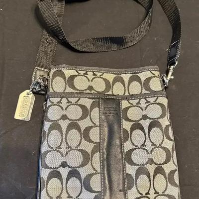 Coach Crossbody Purse - Black & Gray Logo Pattern, Leather Strap