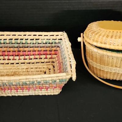 (2) Pretty Baskets With Handles - Small, Colorful Stripes, Lined with Blue Fabric